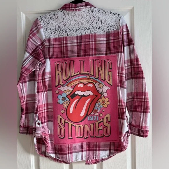 Custom Upcycled Rolling Stones Flannel Shirt With Lace Back Size XL OOAK Patch - Picture 2 of 3